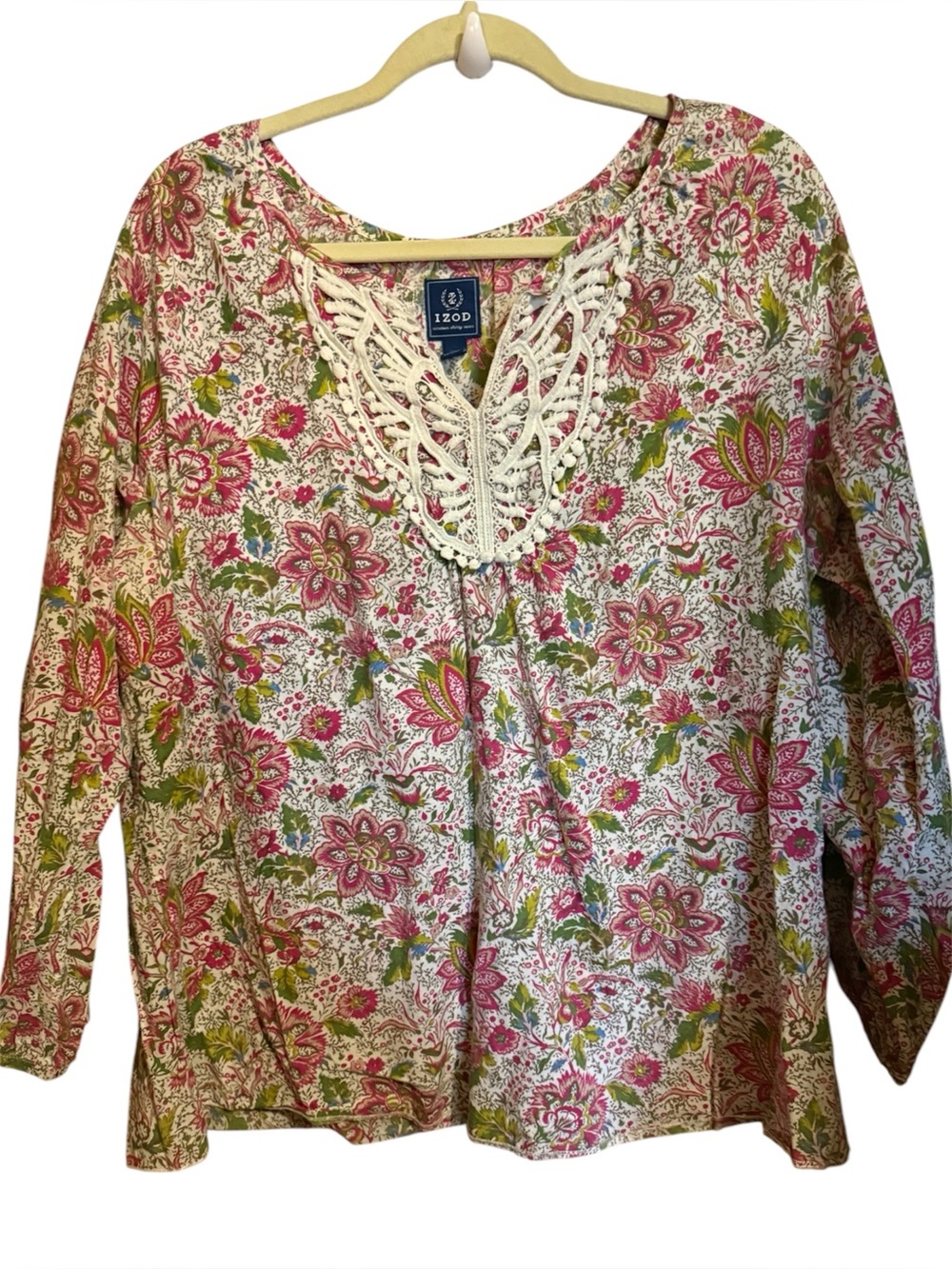 IZOD Pink Floral paisley Crochet-Trim Women's Blouse ladies top extra large xl
